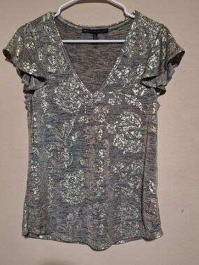 White House Black Market Gray Metallic Floral V-Neck Top with Flutter Sleeves
